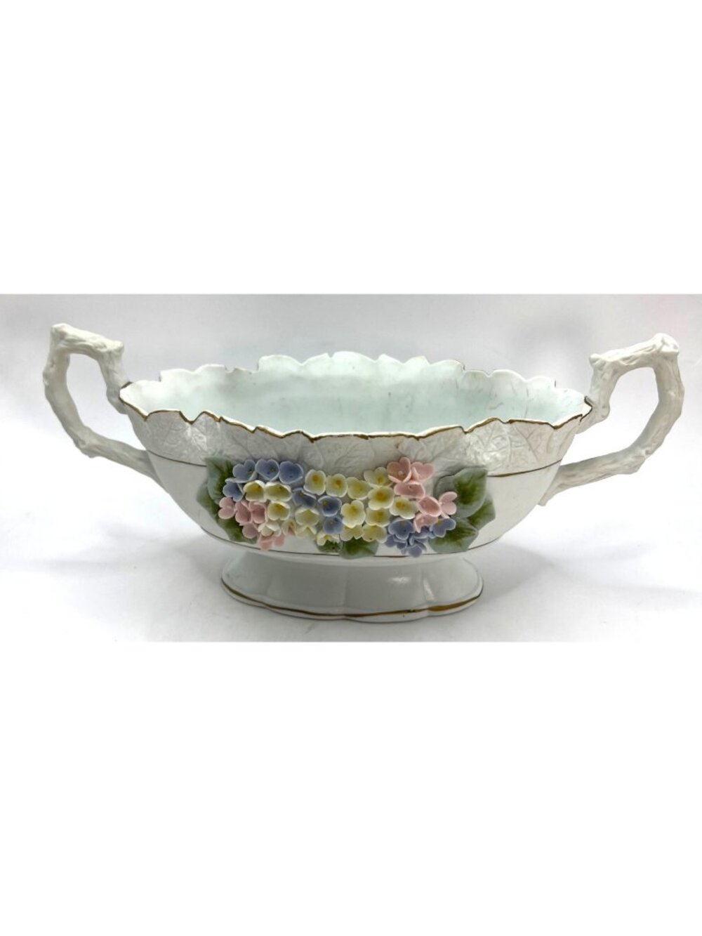 Antique Lefton Oval Bowl W/ Handles, Raised Flowers No Chips